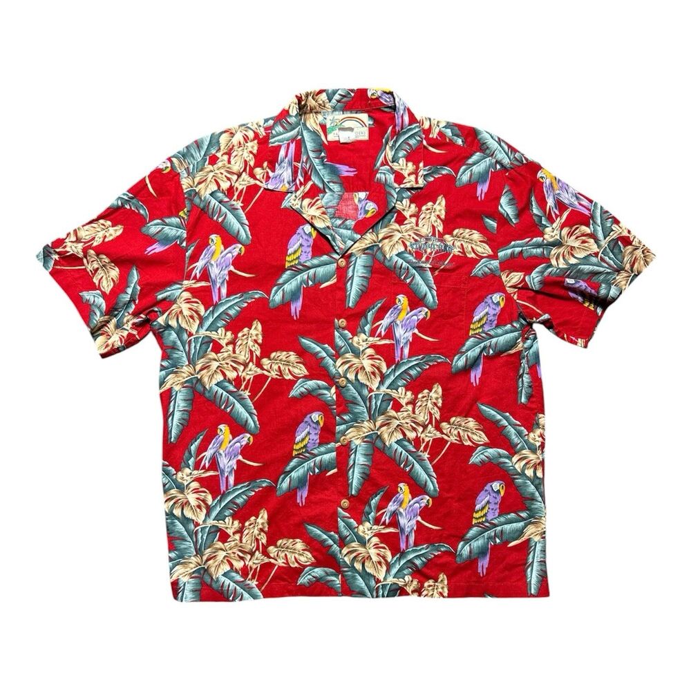 Paradise Found Jungle Bird Hawaiian Shirt Tom Selleck Magnum PI Red Aloha XL Men